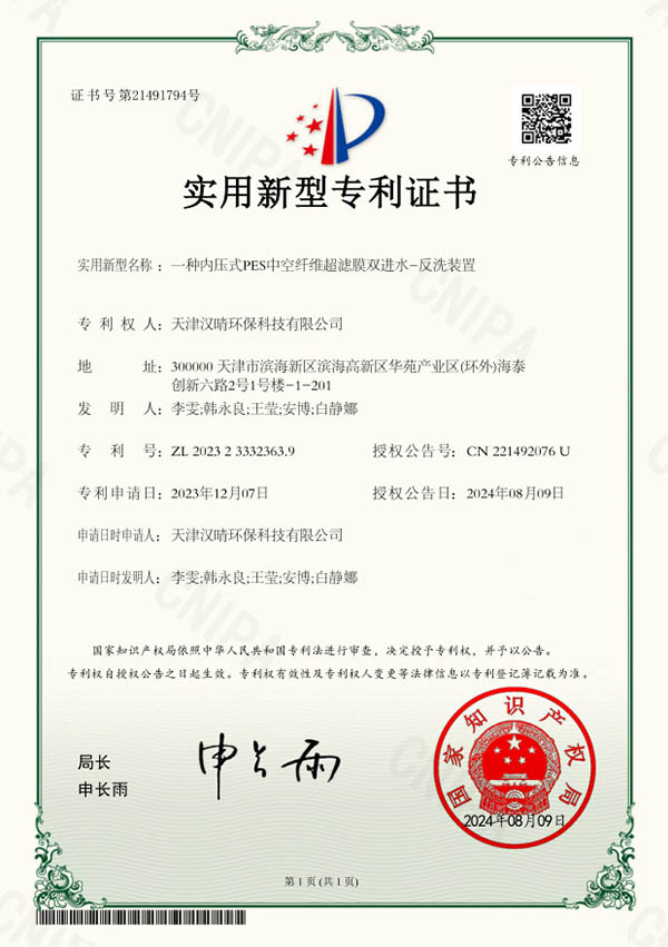 B28一种内压式PES中空纤维超滤膜双进水-反洗装置